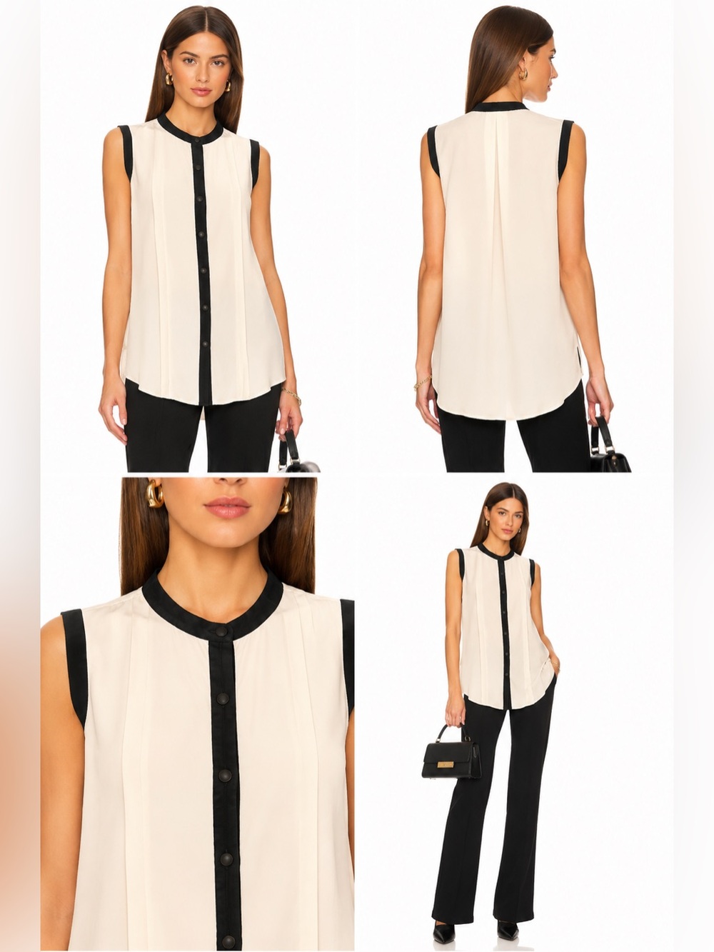 rag & bone silk Cream Sleeveless Button-Front Top with Black Trim size 4